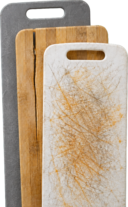 Scarred plastic board, split bamboo board and scratched grey plastic board