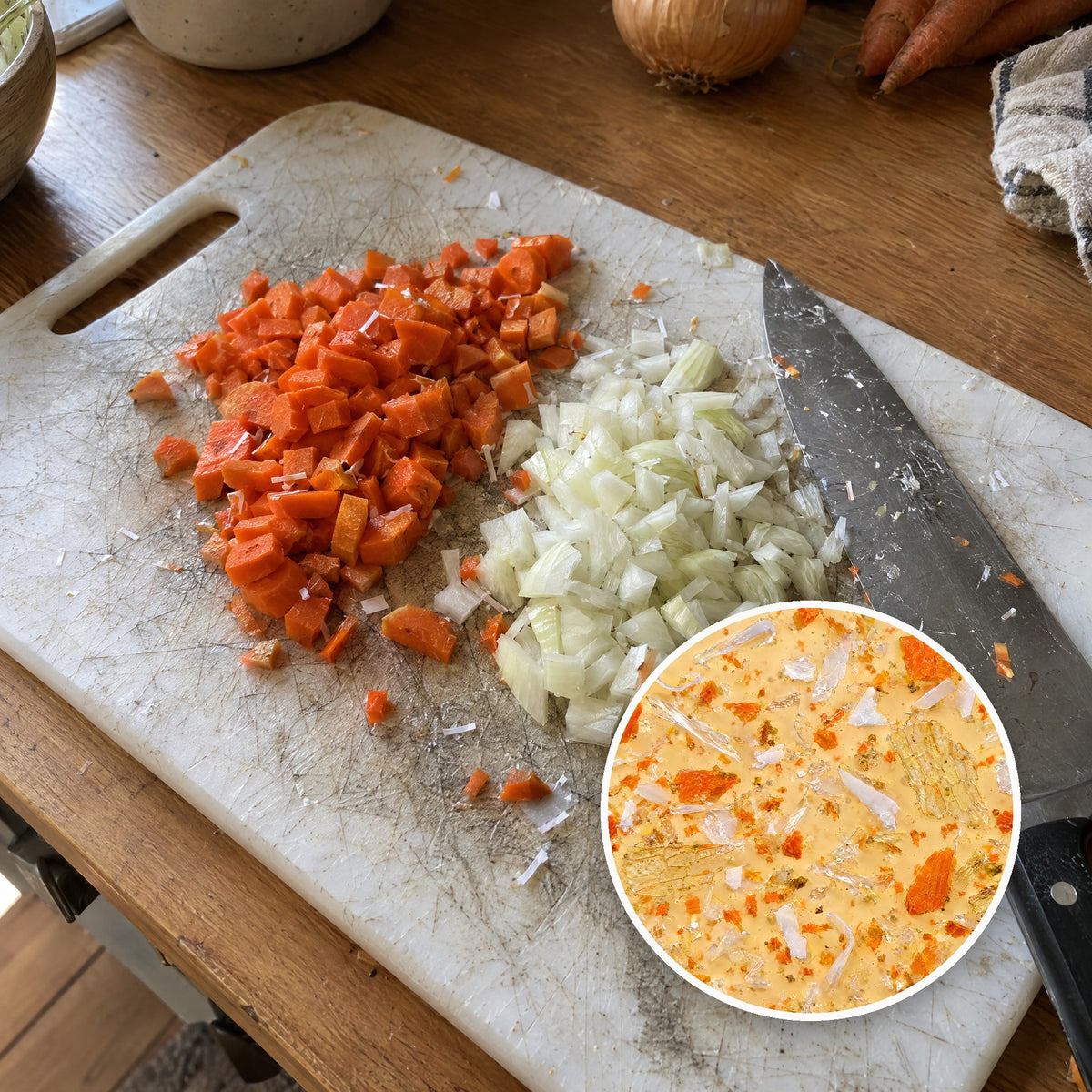 Scarred plastic cutting board with a microscope view of plastic shavings in chopped vegetables