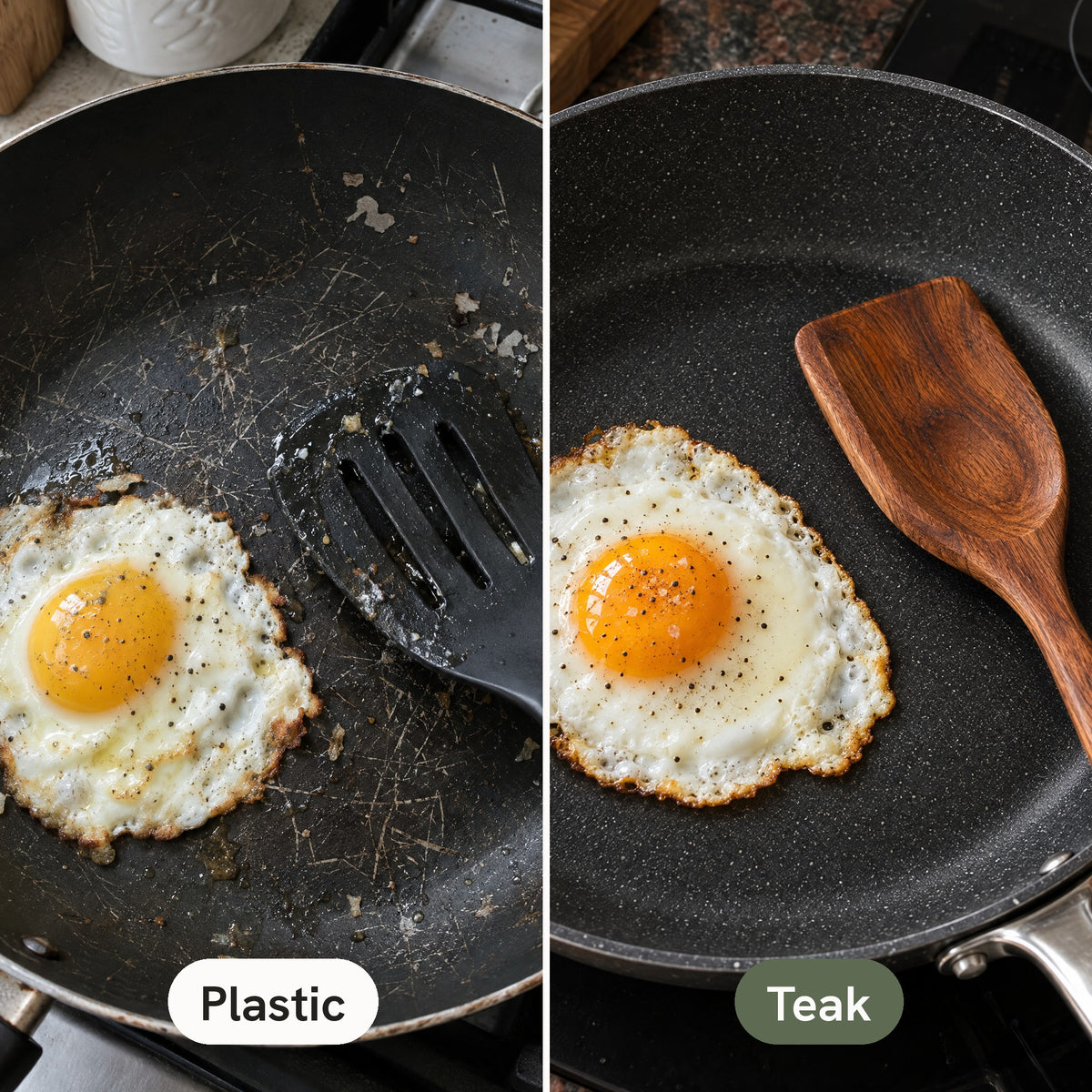 Scratched non-stick pan with a plastic spatula next to a smooth pan with a teak spatula
