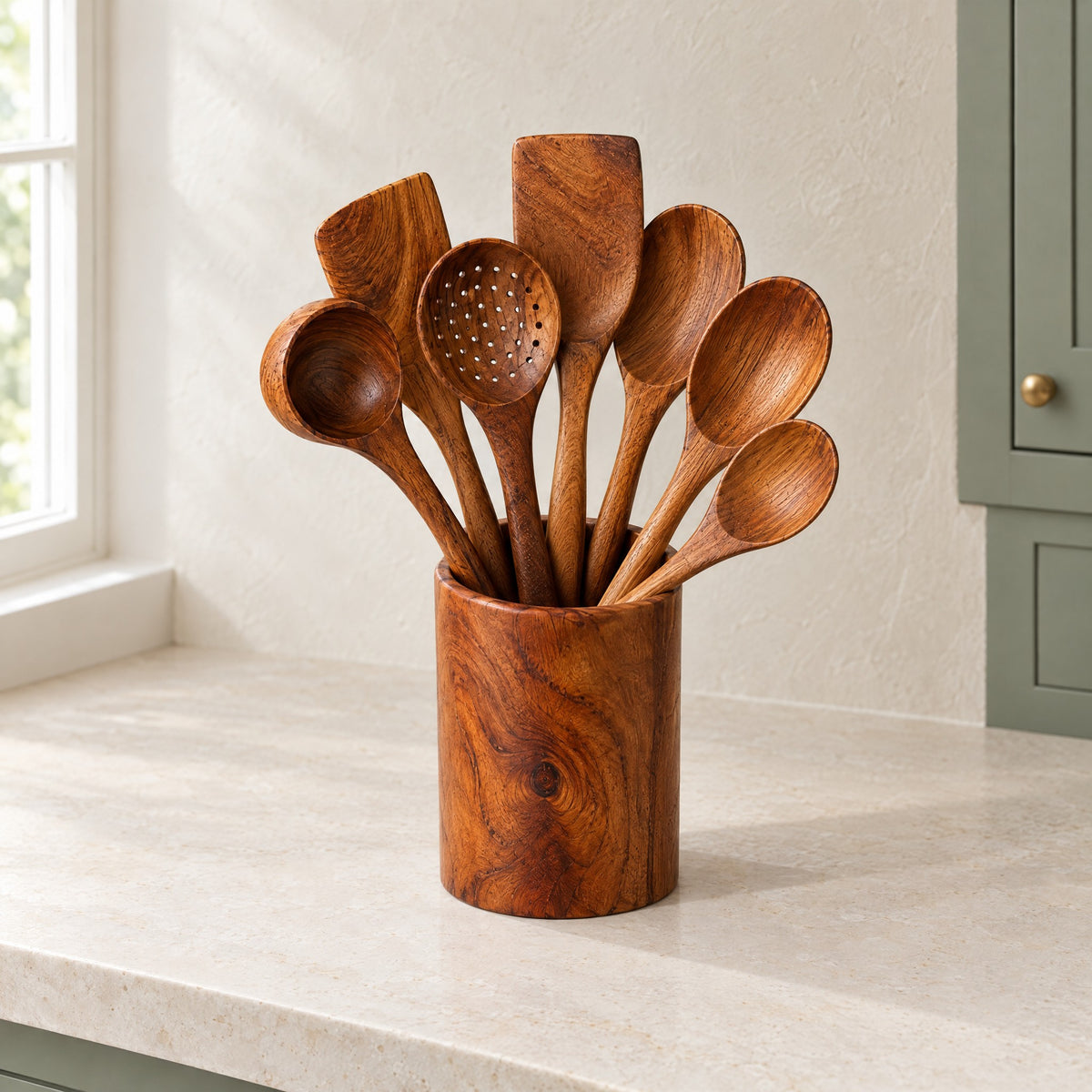 Teak utensil set in its teak holder on a limestone kitchen counter