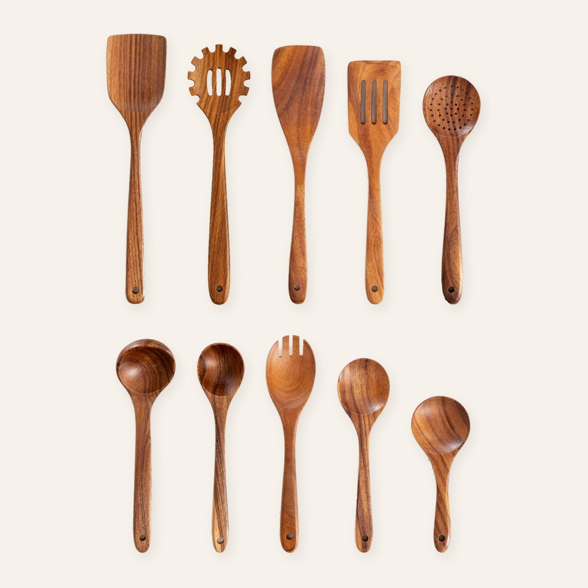 10-piece teak utensil set laid out