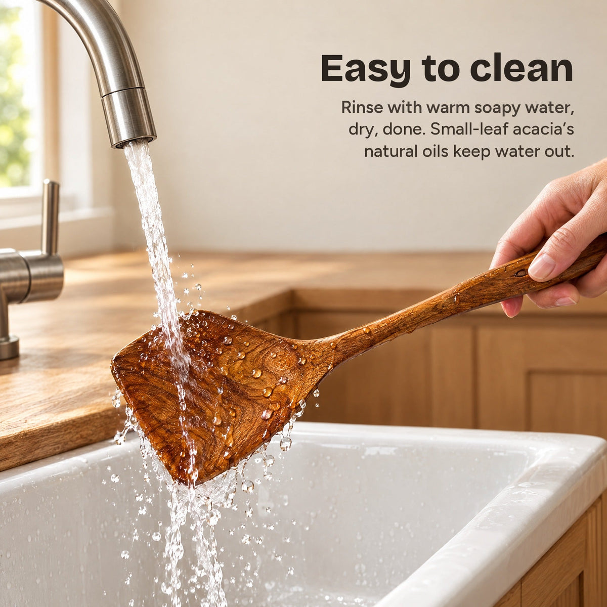 Rinsing an acacia turner under the tap: easy to clean