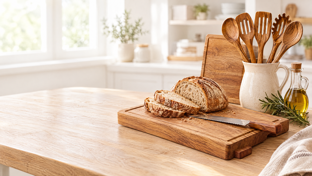 Sourdough sliced on an acacia board with acacia utensils in a jug