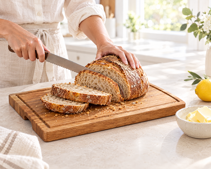 Slicing sourdough on the acacia board