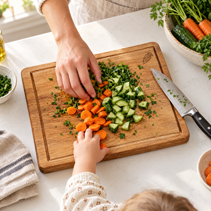 Chopping vegetables with a child in the kitchen