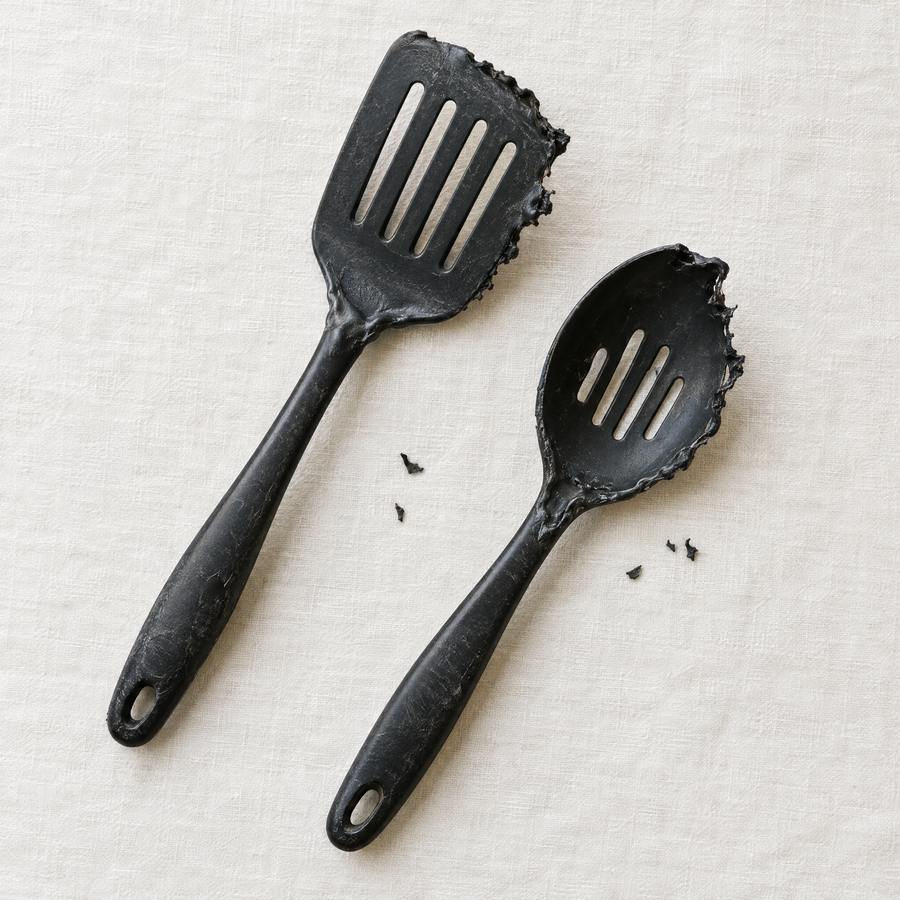 Worn black plastic spatula and slotted spoon with melted edges