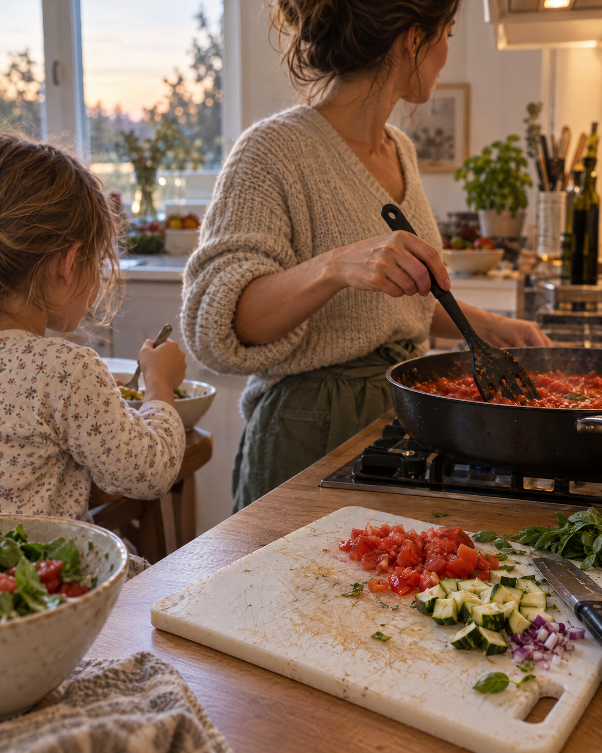 A mother cooking with a black plastic spatula next to a plastic cutting board while her child eats