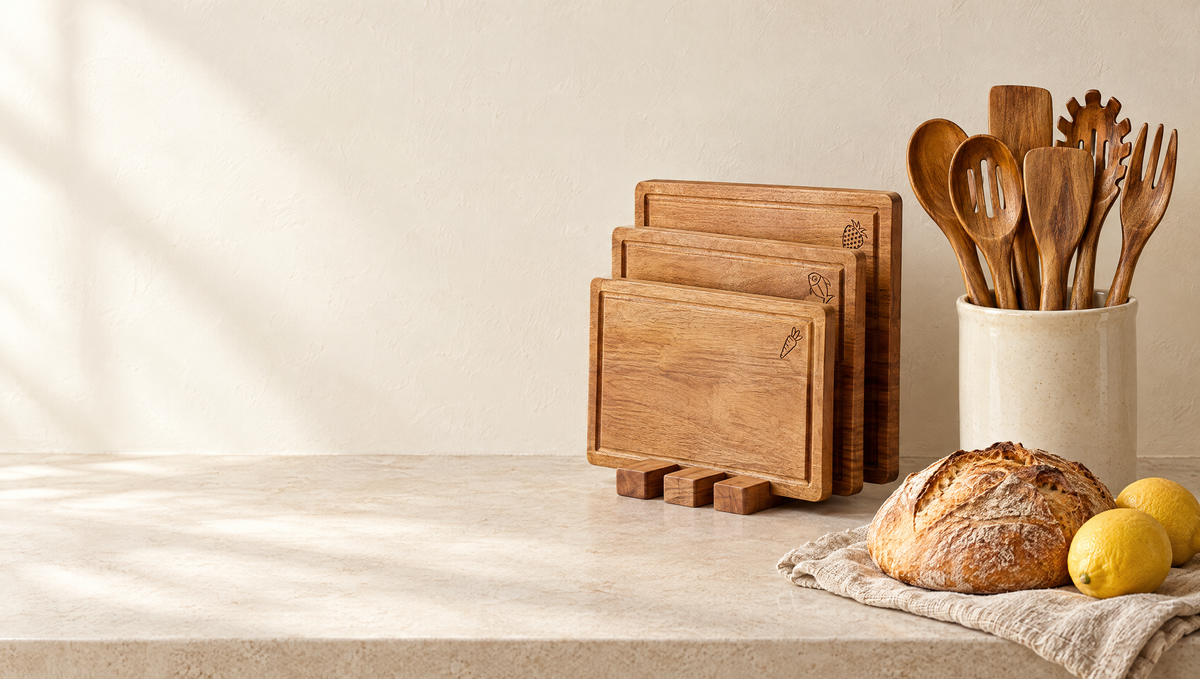Acacia boards in their stand and acacia utensils in a crock on a light stone counter