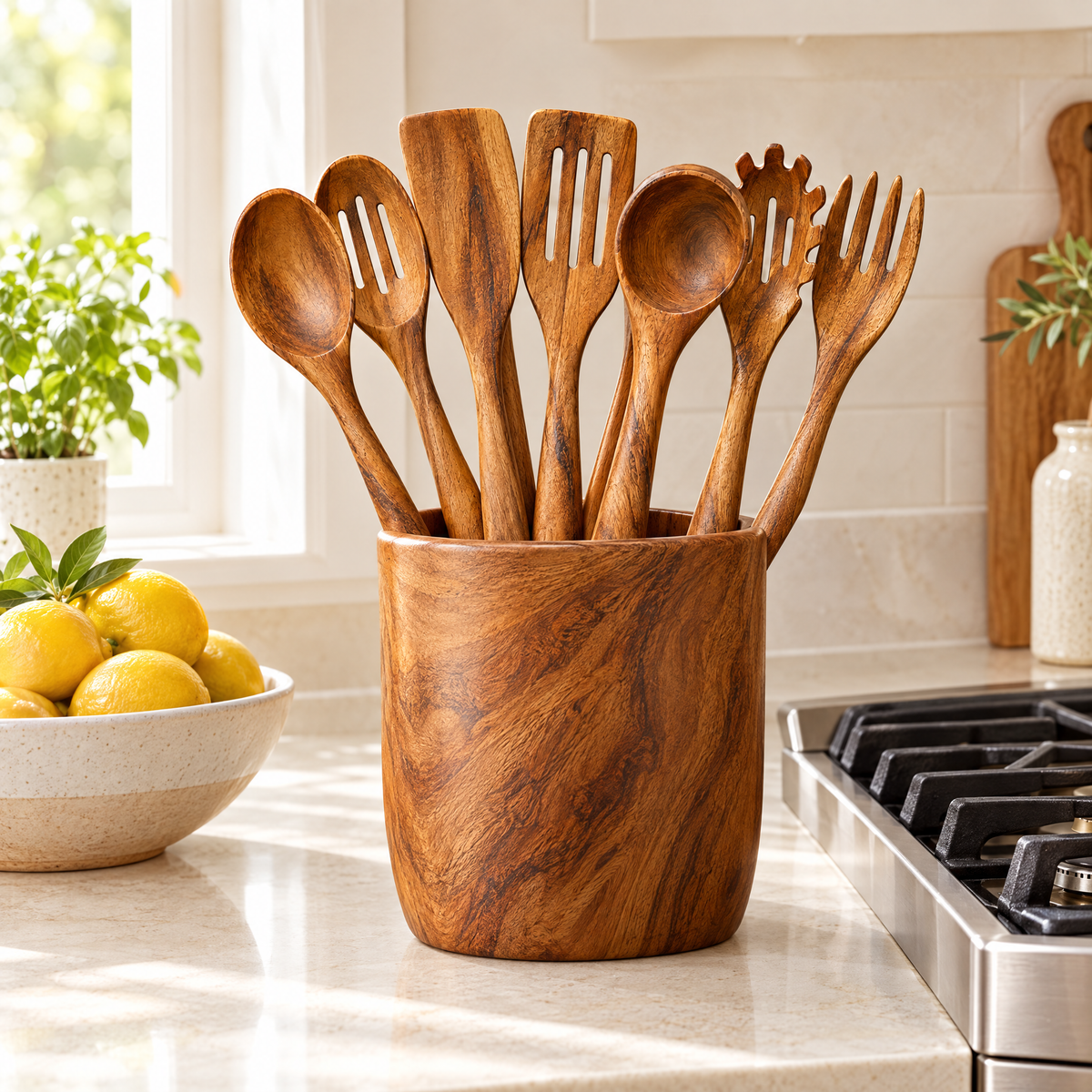 Acacia utensils in the acacia holder next to the stove