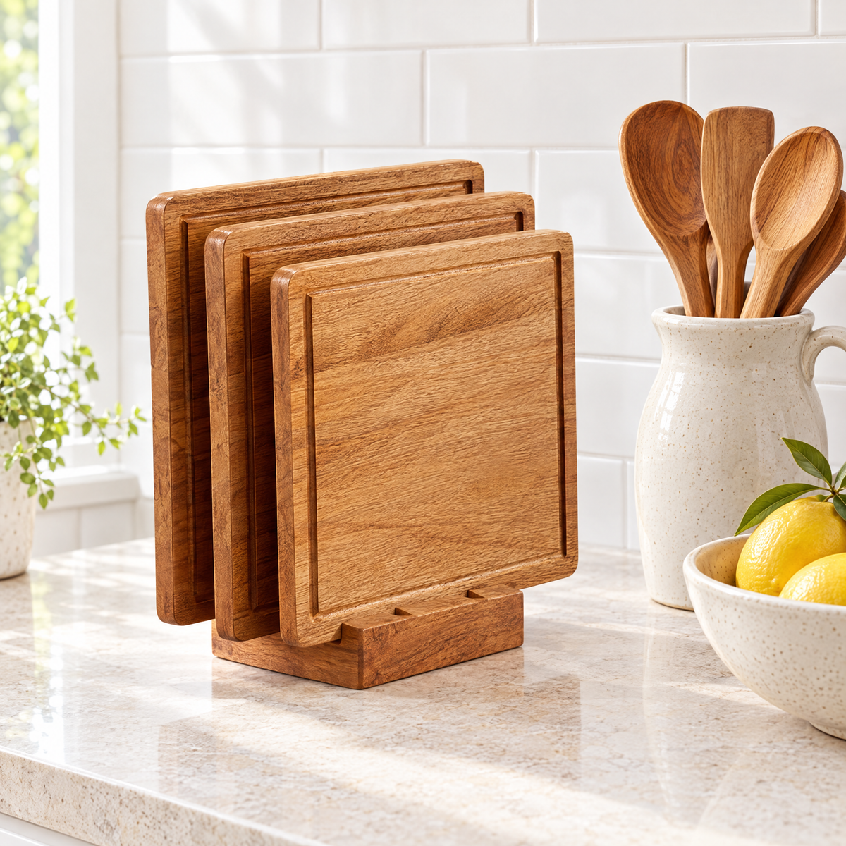 Three boards in the stand on the counter