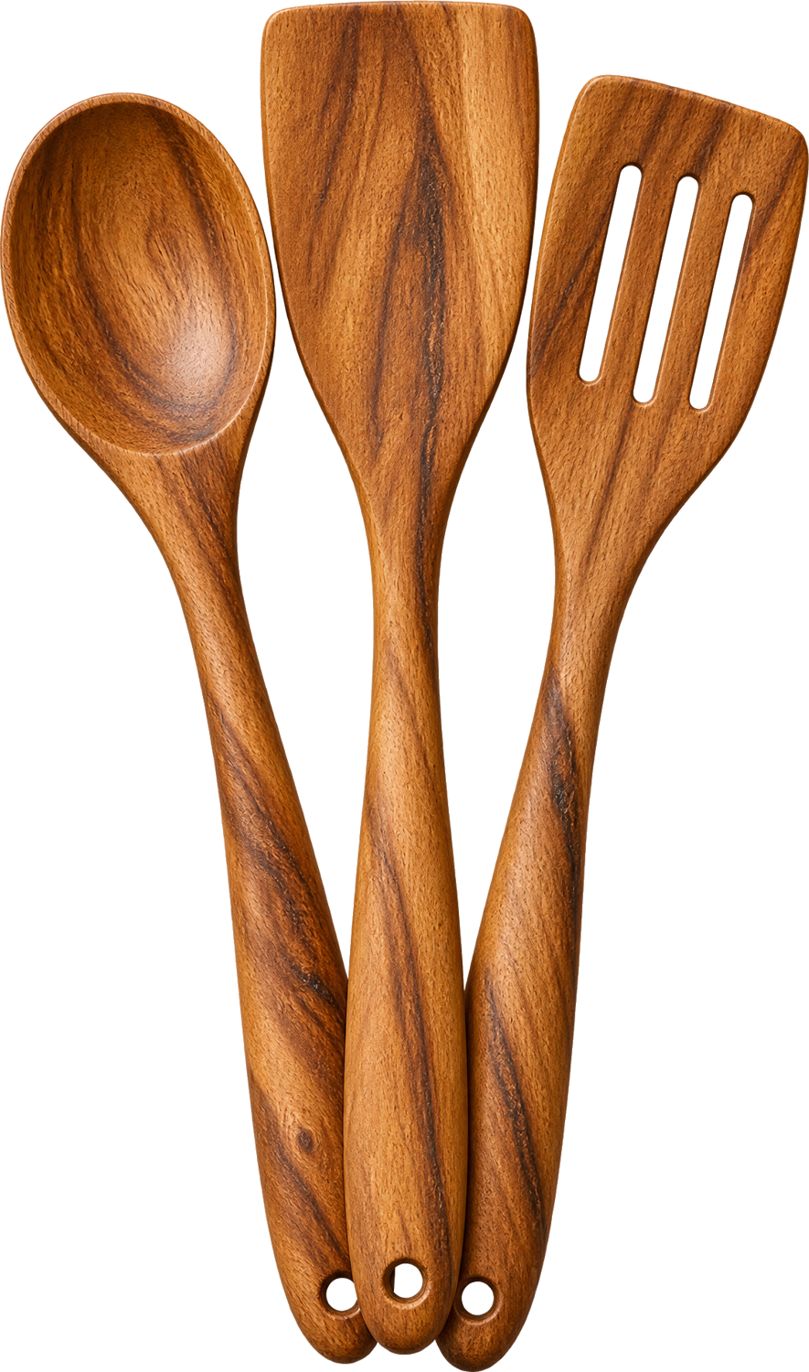 Three acacia wood utensils: spoon, spatula and slotted turner