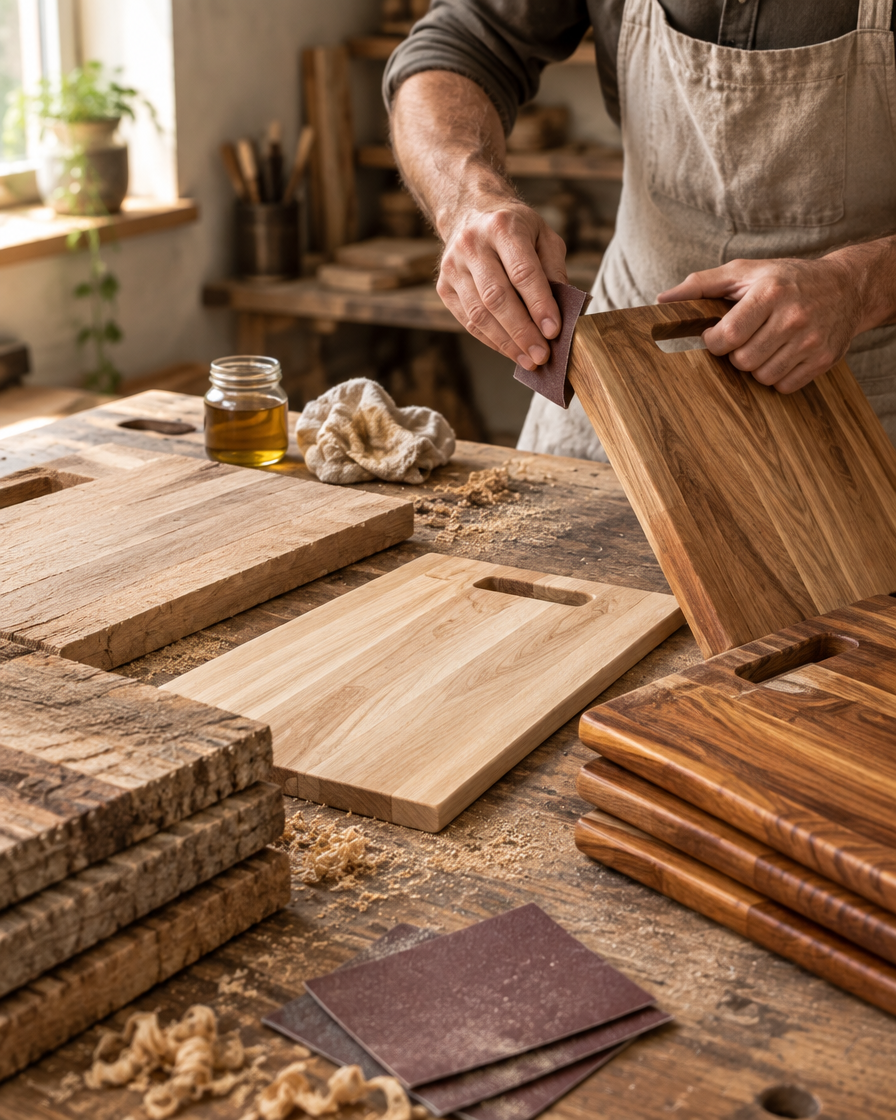 Acacia cutting boards at each stage in a small workshop, from rough planks to oiled boards