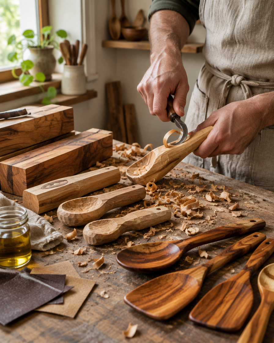 Acacia utensils at each stage, from rough block to carved and oiled spoon