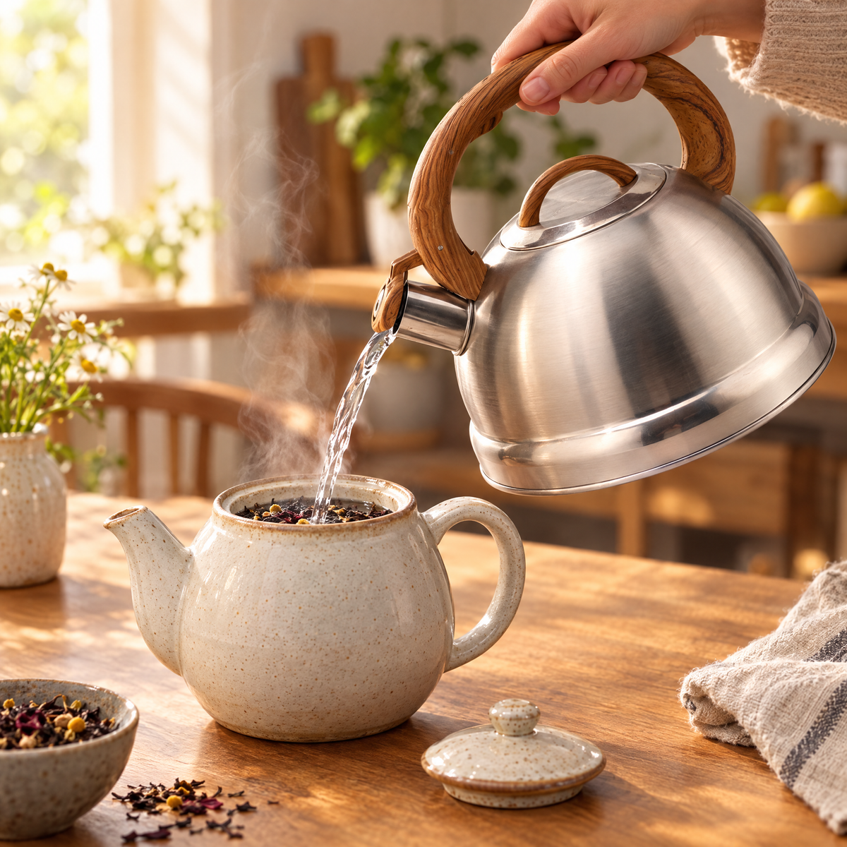 Pouring hot water from the steel kettle into a teapot