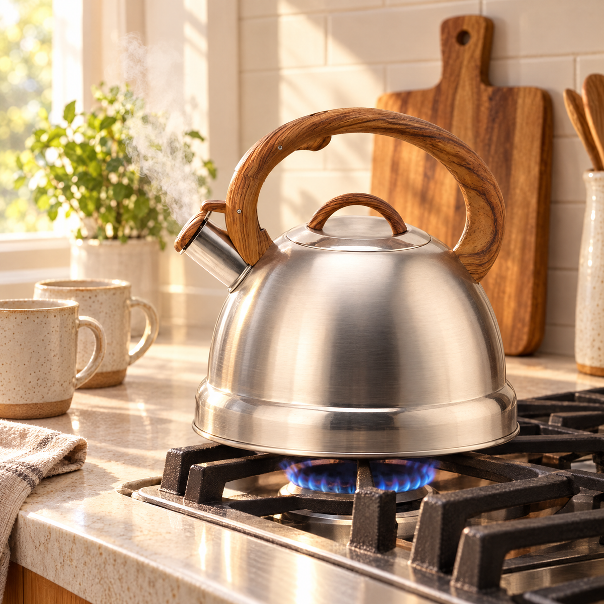 Stainless steel kettle on a gas stove