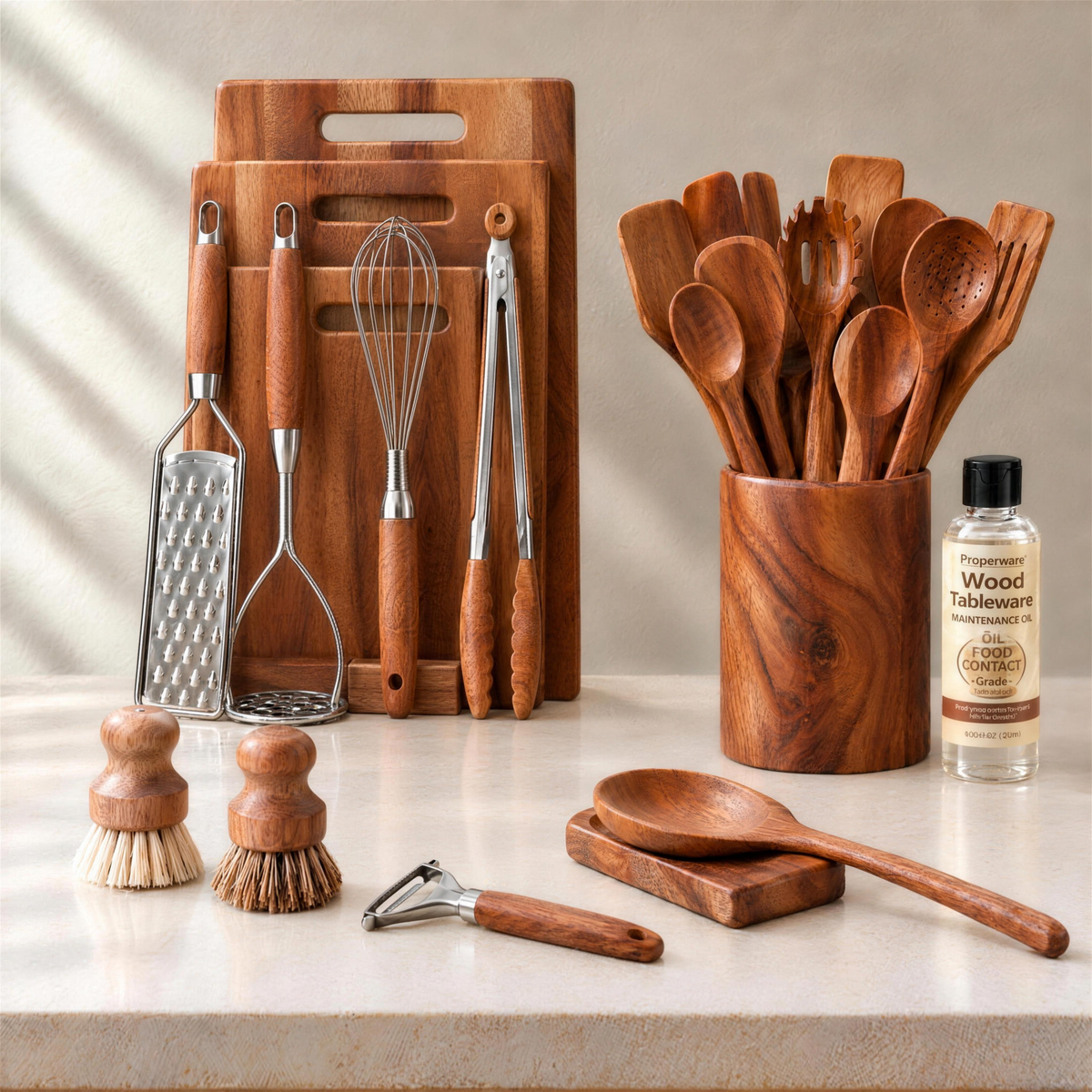 Complete Kitchen Set: three acacia cutting boards upright on their stand with the grater, masher, whisk and tongs, the utensil set in the holder, pot brushes, peeler, spoon rest and care oil