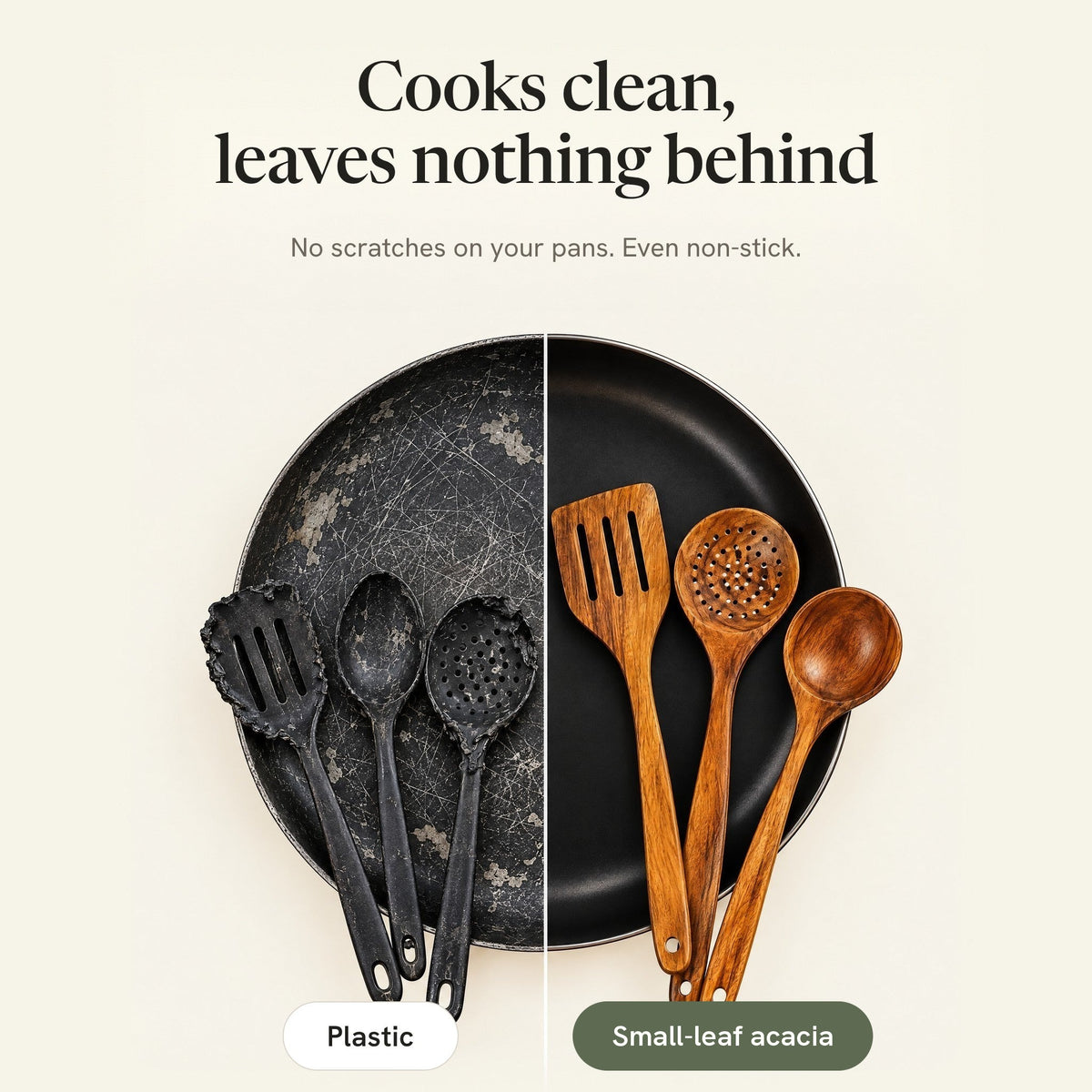 Cooks clean, leaves nothing behind: scratched pan with plastic utensils next to a clean pan with acacia utensils