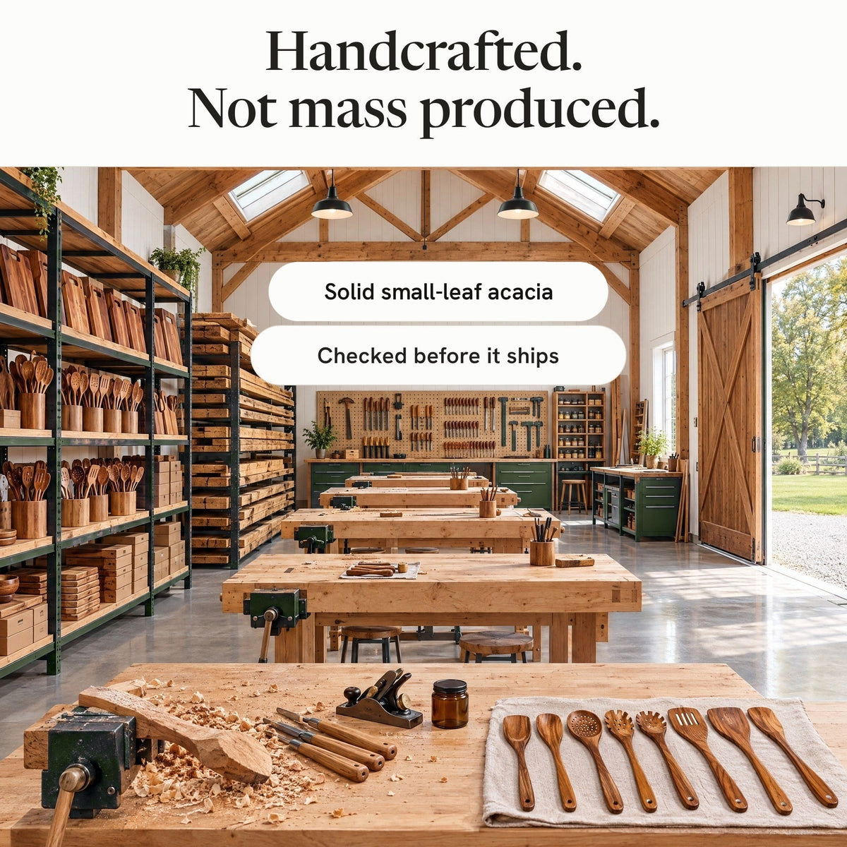 Handcrafted, not mass produced: a woodworking workshop with acacia utensils and cutting boards