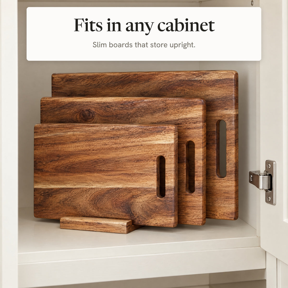 Fits in any cabinet: slim acacia boards stored upright in their stand