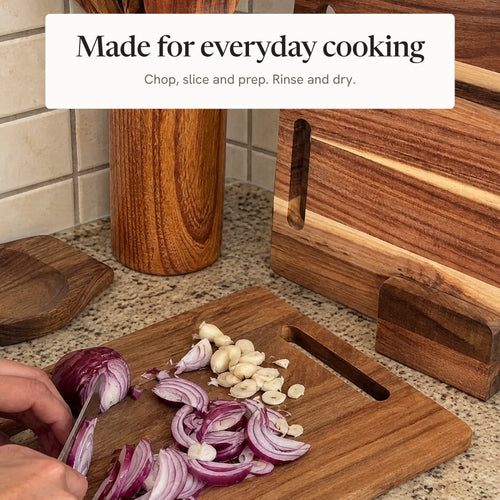 Made for everyday cooking: chopping red onion on the acacia board