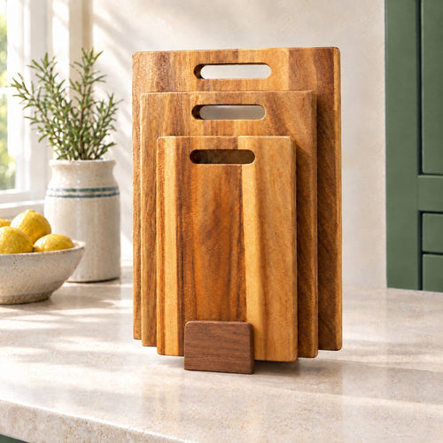 Three acacia cutting boards standing in the wooden board rack