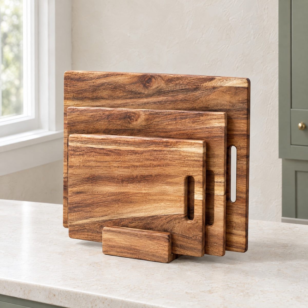 Three acacia cutting boards in the small board stand on a limestone kitchen counter