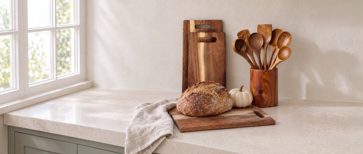Acacia cutting boards and teak utensils on a kitchen counter by the window