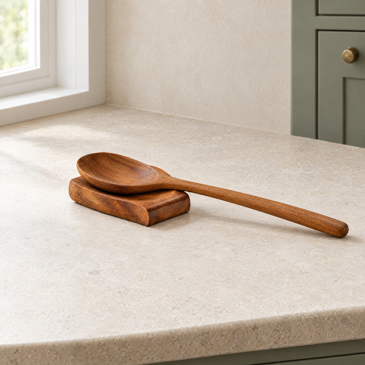 Palm-sized teak spoon rest holding a full-size teak spoon