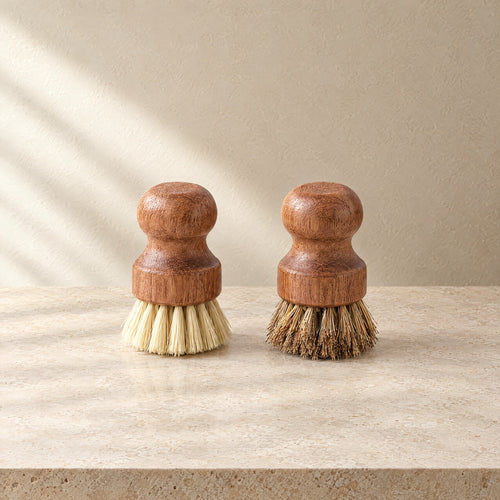Two acacia pot brushes with sisal and palm fiber bristles
