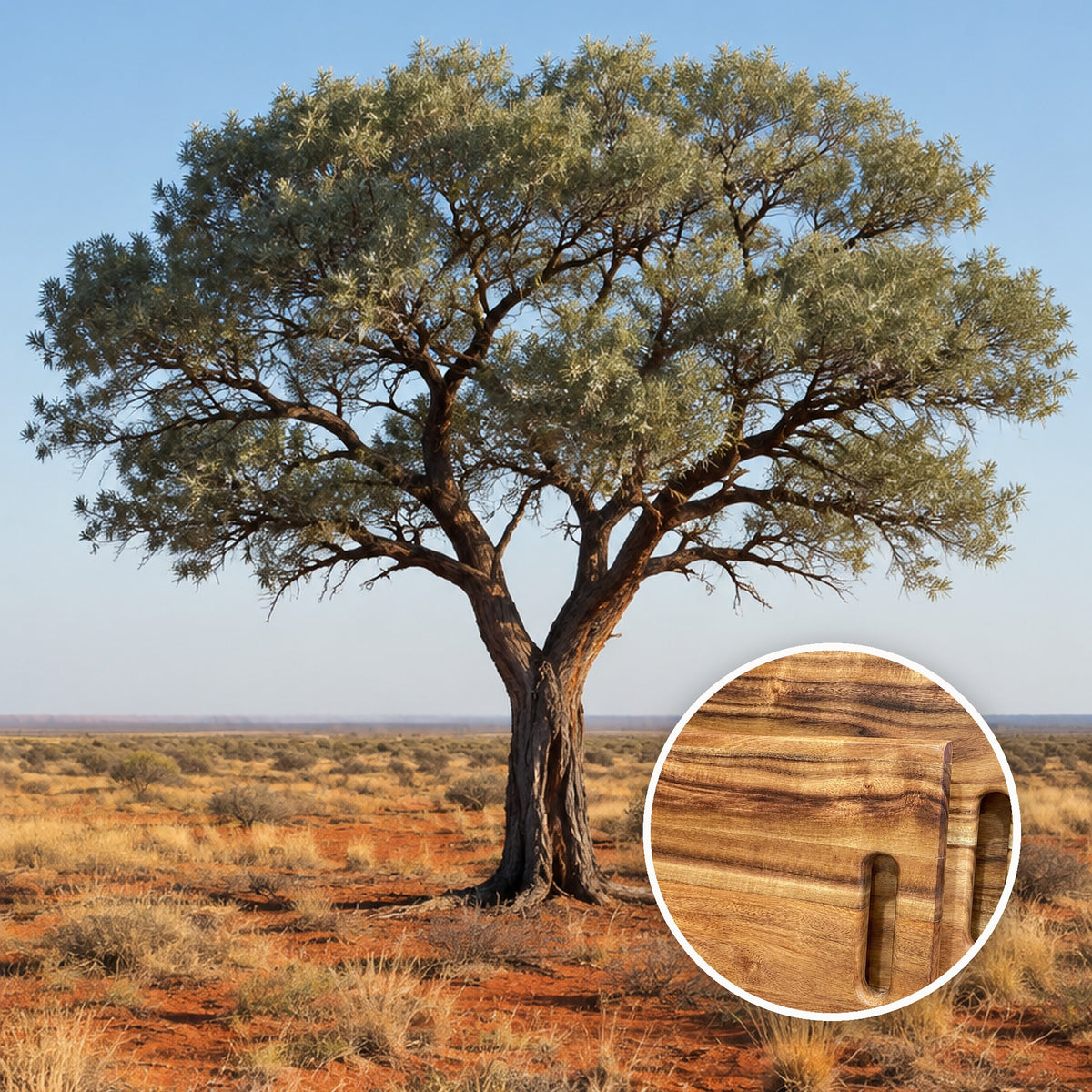 Small-leaf acacia tree in the dry outback with a close-up of an acacia board
