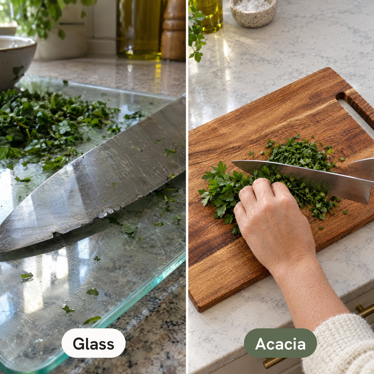 Knife dulled on a glass board next to a knife slicing herbs on an acacia board