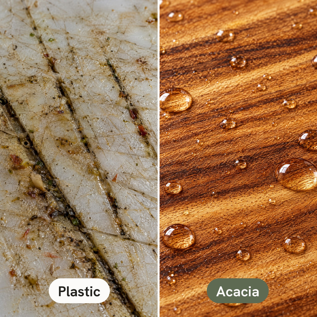 Grimy knife grooves in a plastic board next to water beading on an oiled acacia board