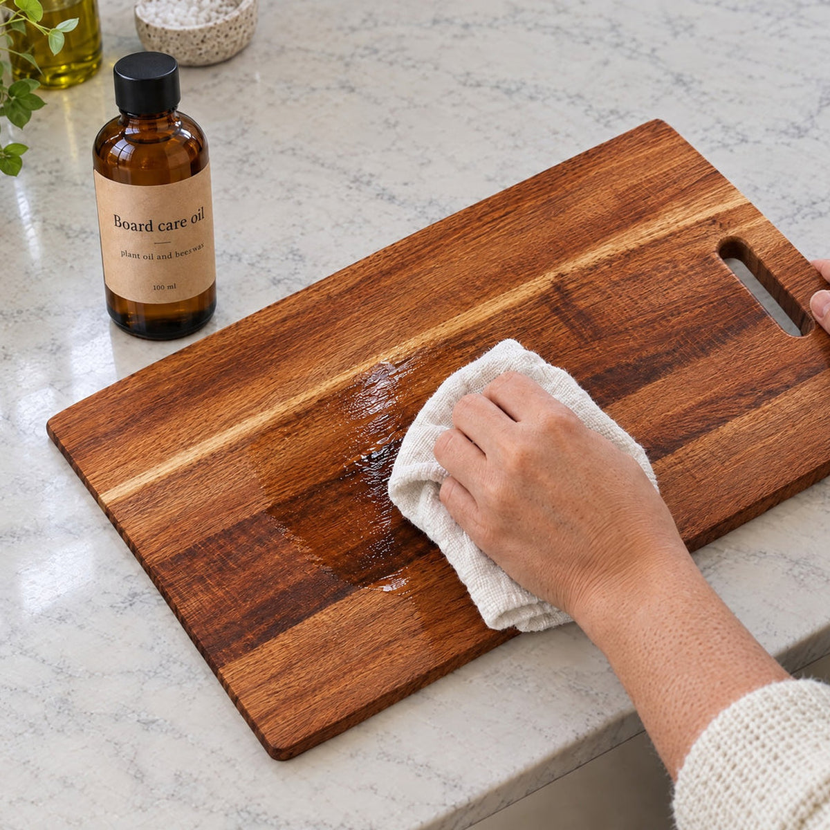 Oiling an acacia cutting board with a cloth
