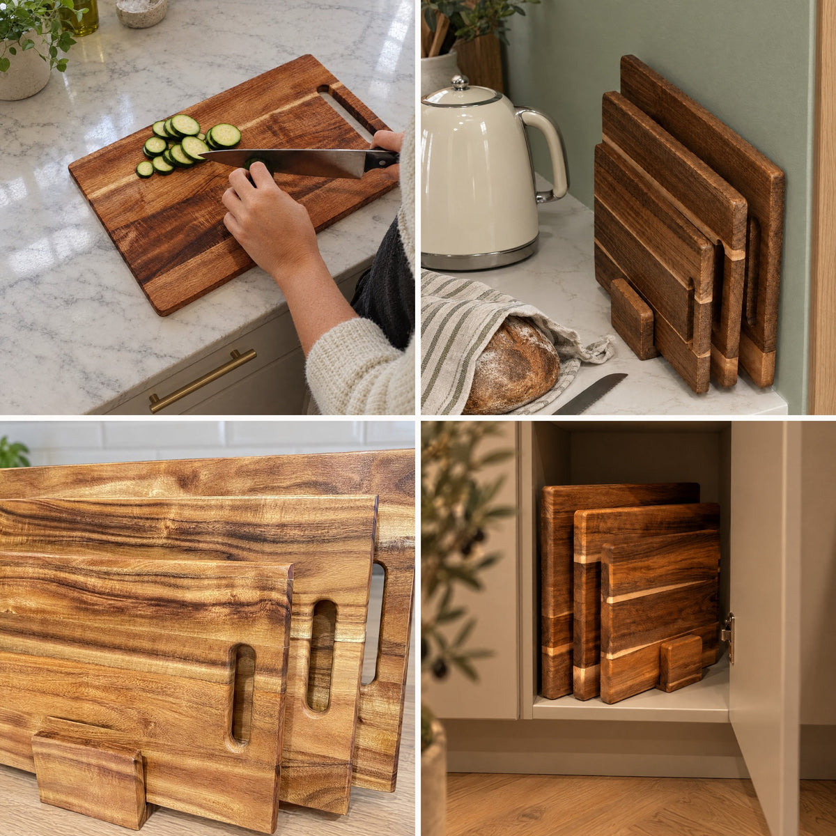 Customer photos of acacia cutting boards in their kitchens