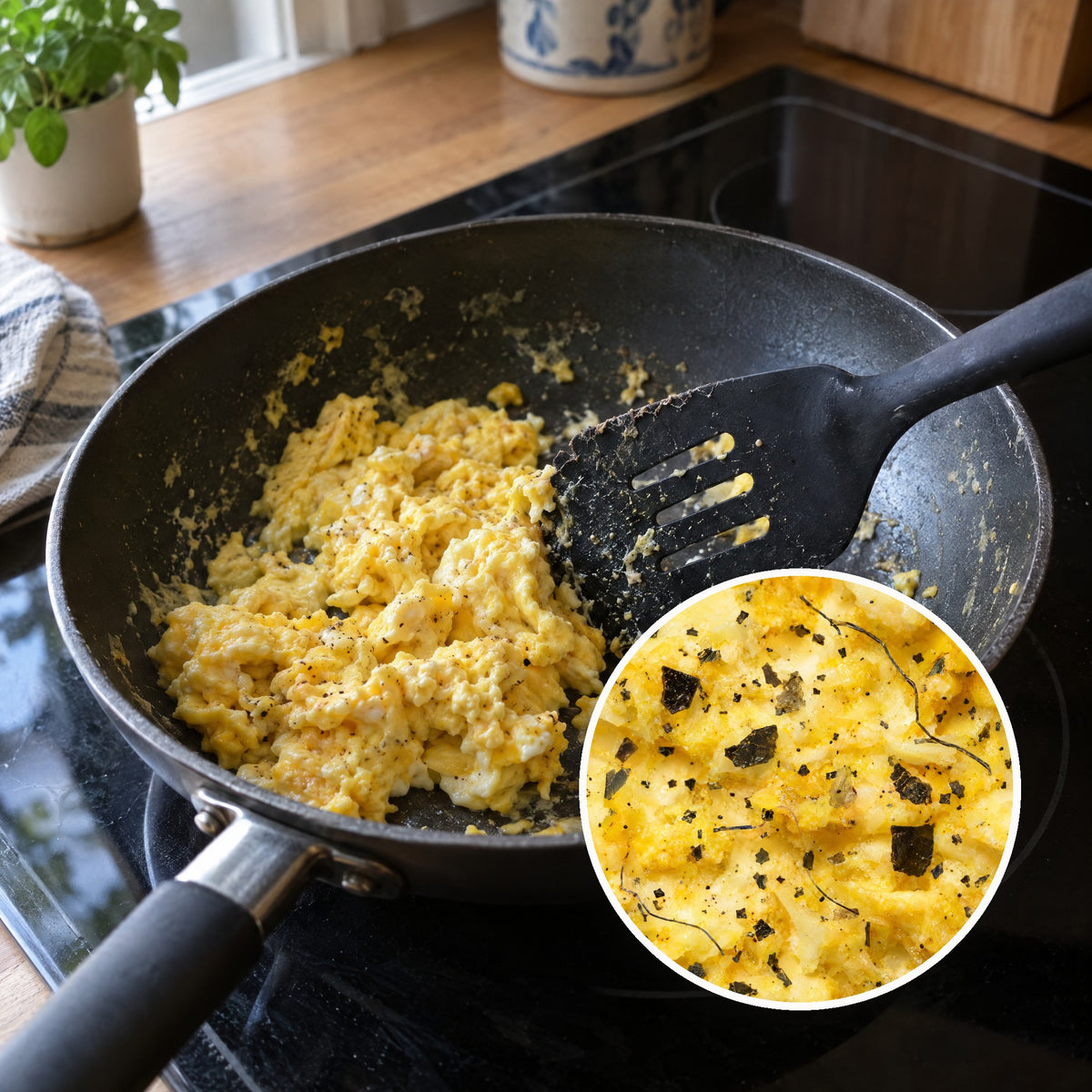 Worn plastic spatula in a pan of eggs, with a microscope view of plastic particles in the food