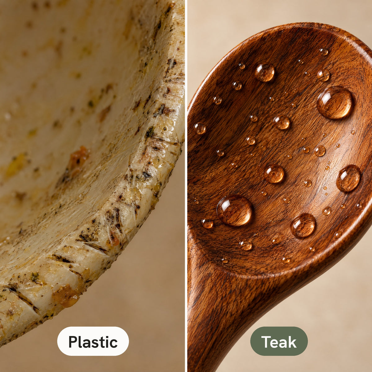 Worn plastic spoon with grime in its grooves next to a teak spoon with water beading on it