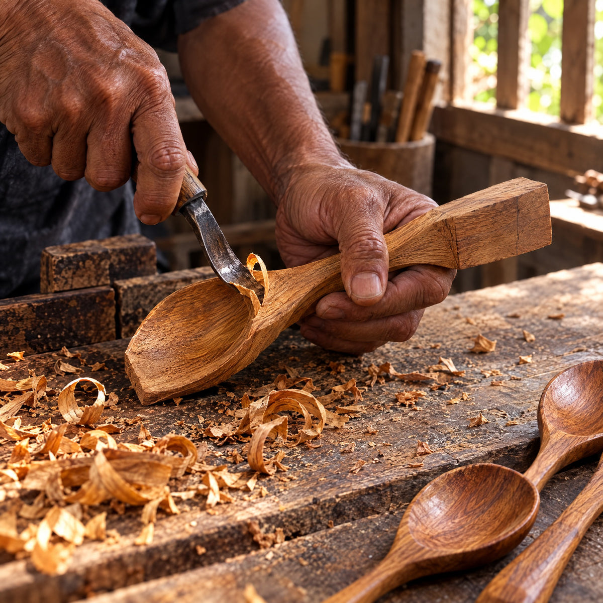 Craftsman carving a teak spatula from one solid block