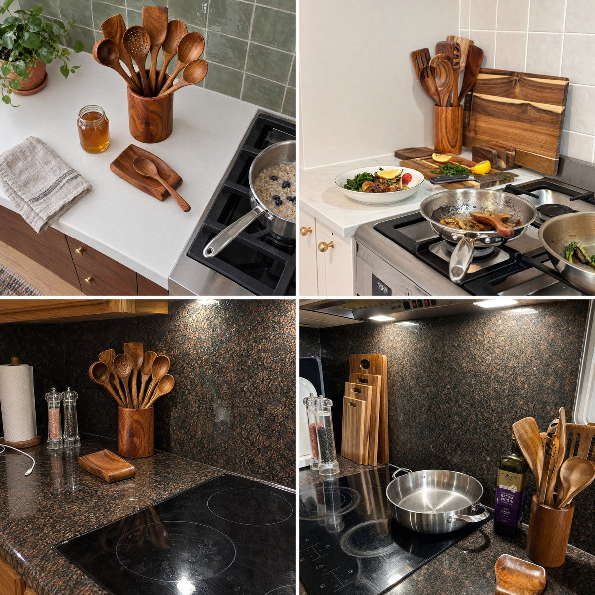 Customer photos of the teak utensil set in their kitchens