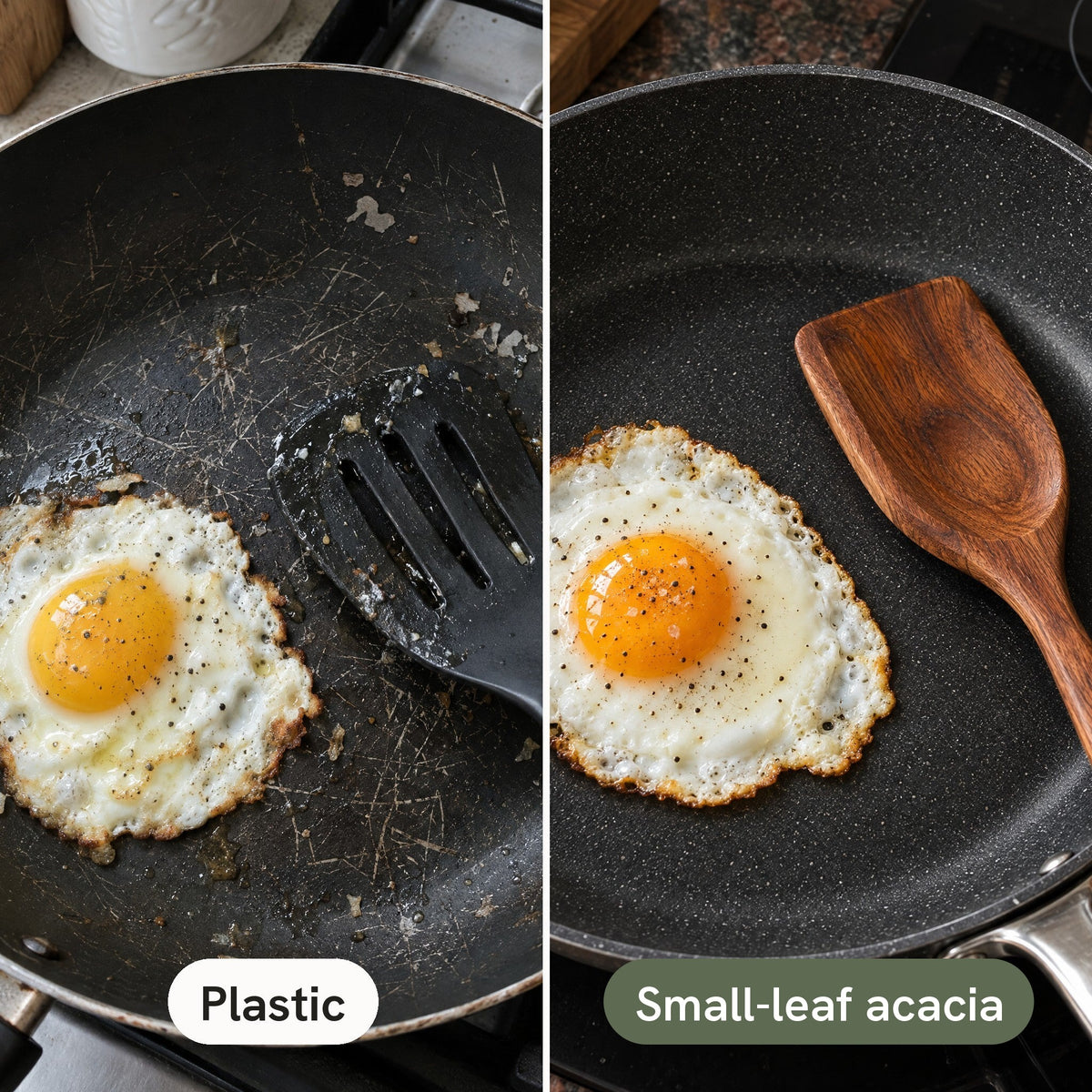 Scratched non-stick pan with a plastic spatula next to a clean pan with an acacia spatula