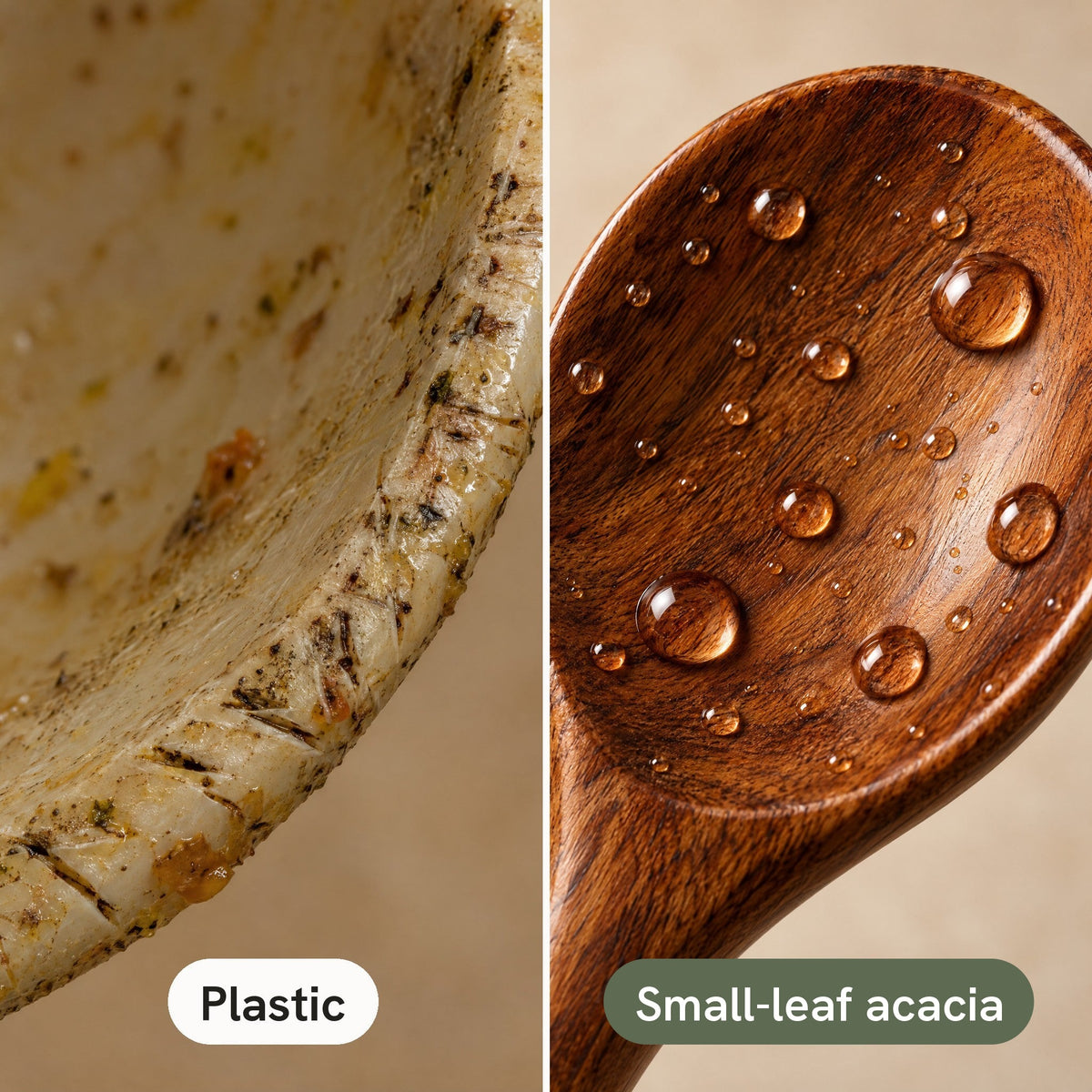 Worn plastic spoon next to an acacia spoon with water beading on it