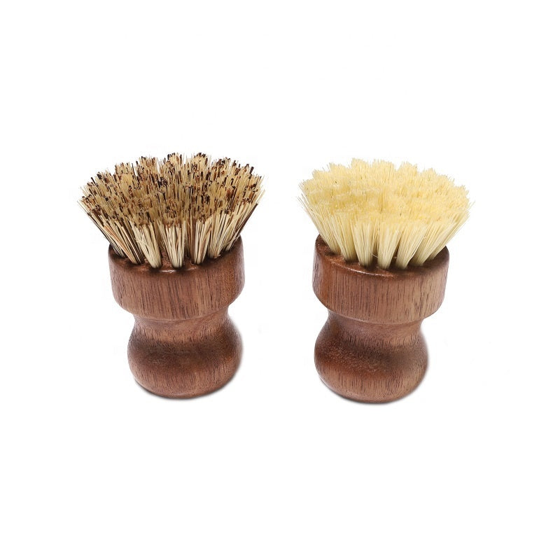 Two acacia wood pot brushes, one with palm fiber and one with sisal bristles