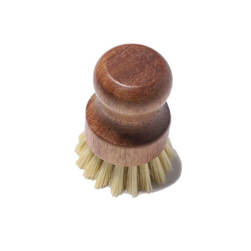 Acacia wood handle of the pot brush, shaped to fit your palm