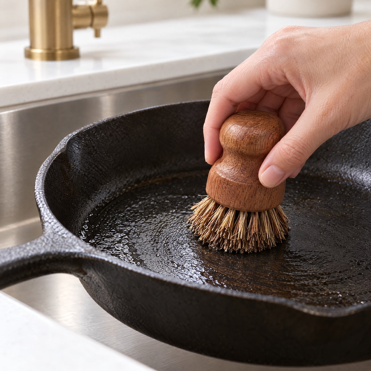 Scrubbing a cast iron skillet with the palm fiber acacia pot brush