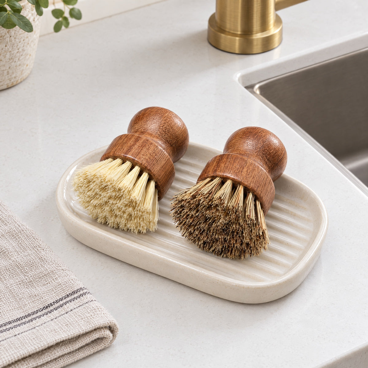 Sisal and palm fiber acacia pot brushes on a ceramic dish by the sink
