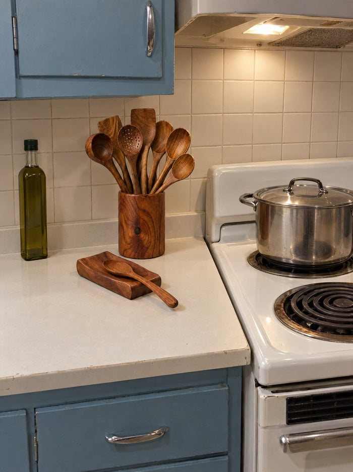 Teak utensils in their holder with spoon rest by an old white stove