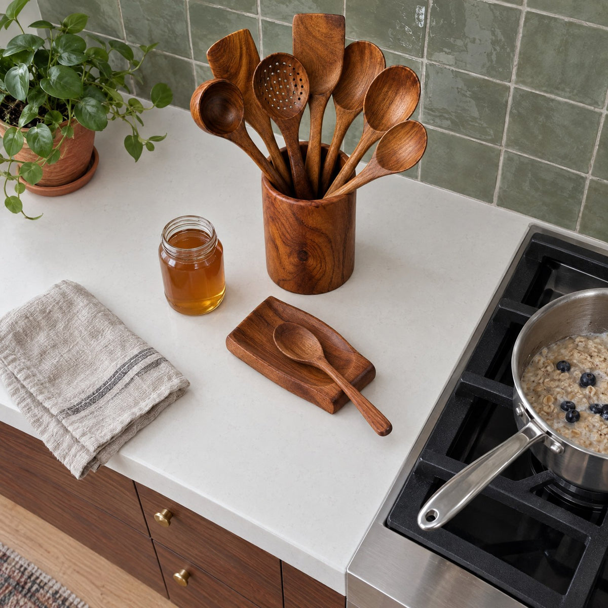 Teak utensil set and spoon rest beside a pot of oatmeal