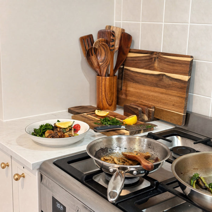 Teak utensils and acacia boards next to a pan on the stove