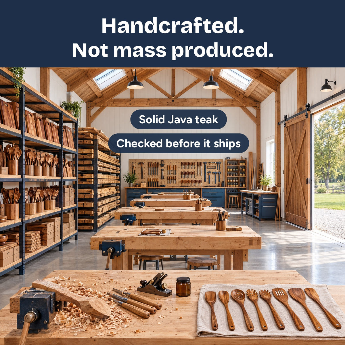 Handcrafted, not mass produced: a large woodworking workshop with rows of workbenches, teak utensils and cutting boards