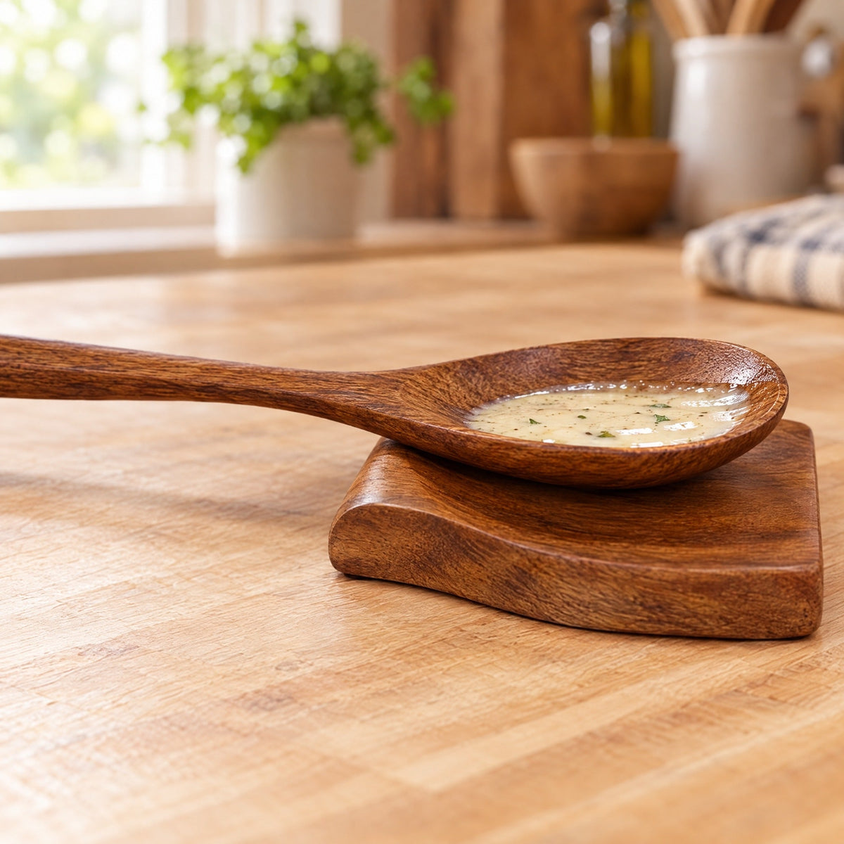 Acacia spoon resting on the spoon rest