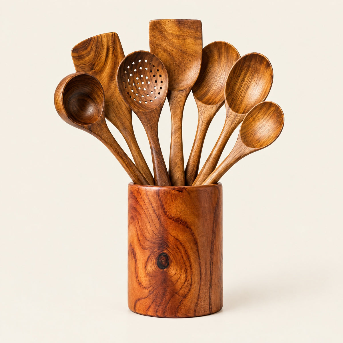7-piece Indonesian teak utensil set in the wooden holder